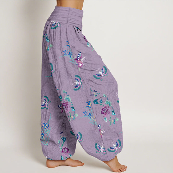 Pantalon harem à taille élastique pour femme, en pur coton, motif papillons et fleurs, orné de Buddha Stones - image 10