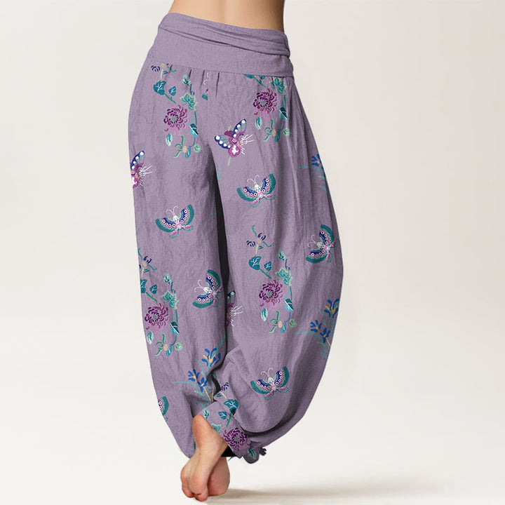 Pantalon harem à taille élastique pour femme, en pur coton, motif papillons et fleurs, orné de Buddha Stones - image 9