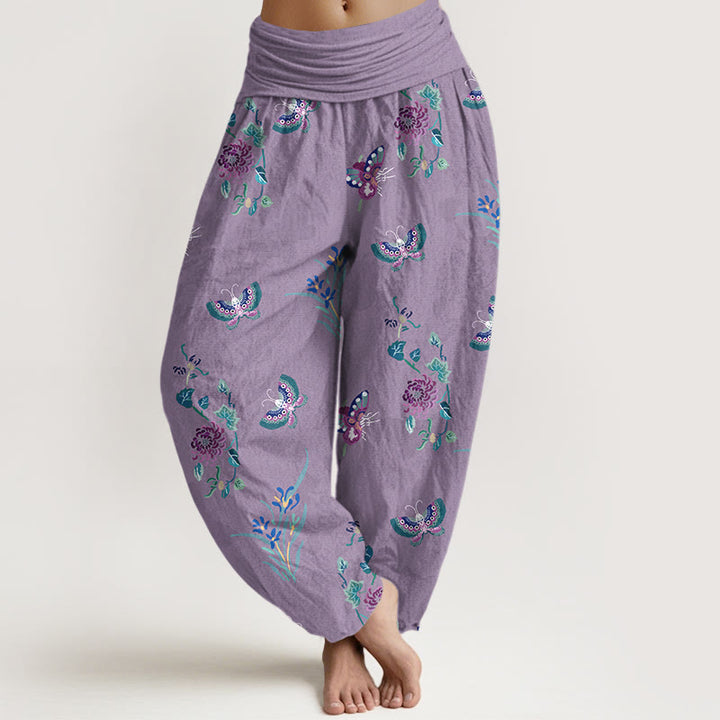 Pantalon harem à taille élastique pour femme, en pur coton, motif papillons et fleurs, orné de Buddha Stones - Violet moyen - US16，UK/AU20，EU48 (3XL) - image 8