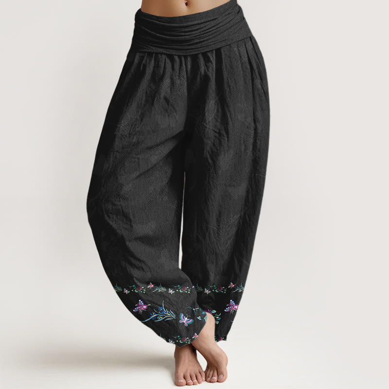 Pantalon harem pour femme, taille élastique, en pur coton, orné de motifs de fleurs et de papillons, avec des Buddha Stones et des jambes soigneusement agencées. - Noir - US16，UK/AU20，EU48 (3XL) - image 0