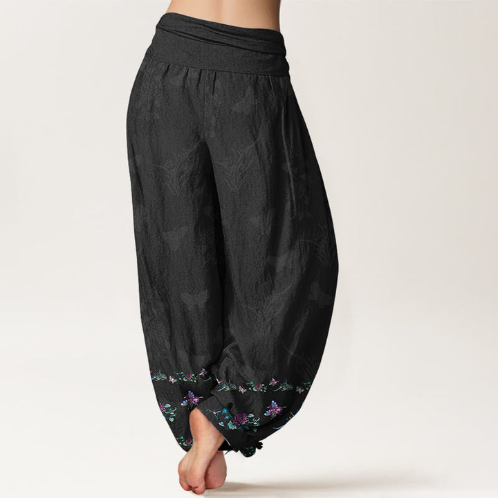 Pantalon harem pour femme, taille élastique, en pur coton, orné de motifs de fleurs et de papillons, avec des Buddha Stones et des jambes soigneusement agencées. - image 1