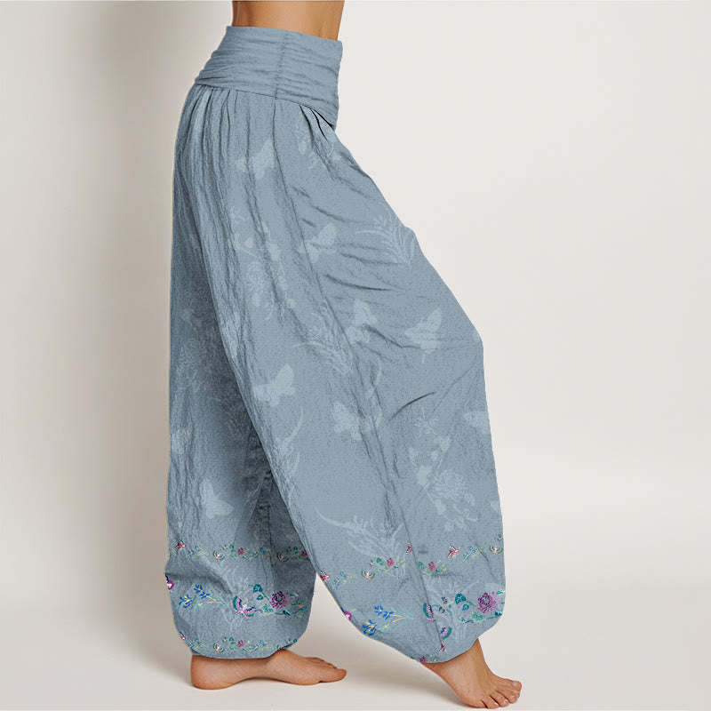 Pantalon harem pour femme, taille élastique, en pur coton, orné de motifs de fleurs et de papillons, avec des Buddha Stones et des jambes soigneusement agencées. - image 7