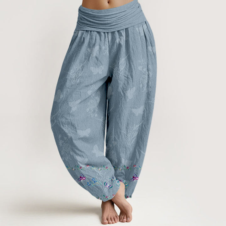 Pantalon harem pour femme, taille élastique, en pur coton, orné de motifs de fleurs et de papillons, avec des Buddha Stones et des jambes soigneusement agencées. - Bleu clair - US16，UK/AU20，EU48 (3XL) - image 5