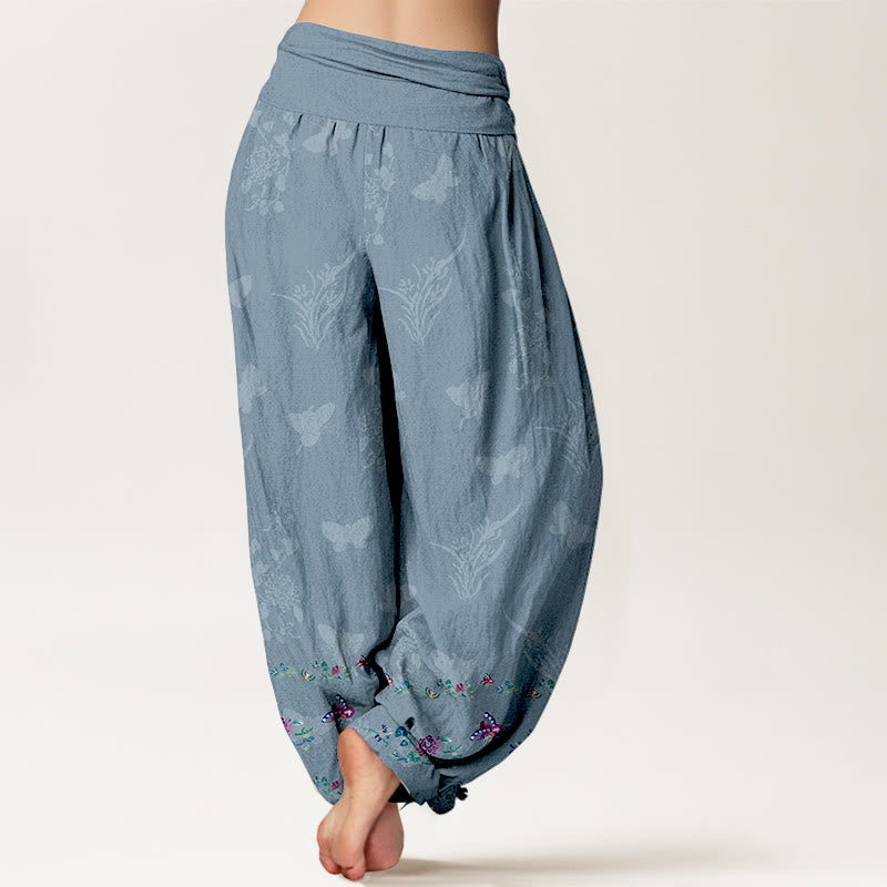 Pantalon harem pour femme, taille élastique, en pur coton, orné de motifs de fleurs et de papillons, avec des Buddha Stones et des jambes soigneusement agencées. - image 6
