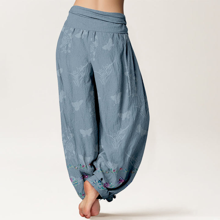 Pantalon harem pour femme, taille élastique, en pur coton, orné de motifs de fleurs et de papillons, avec des Buddha Stones et des jambes soigneusement agencées. - image 6