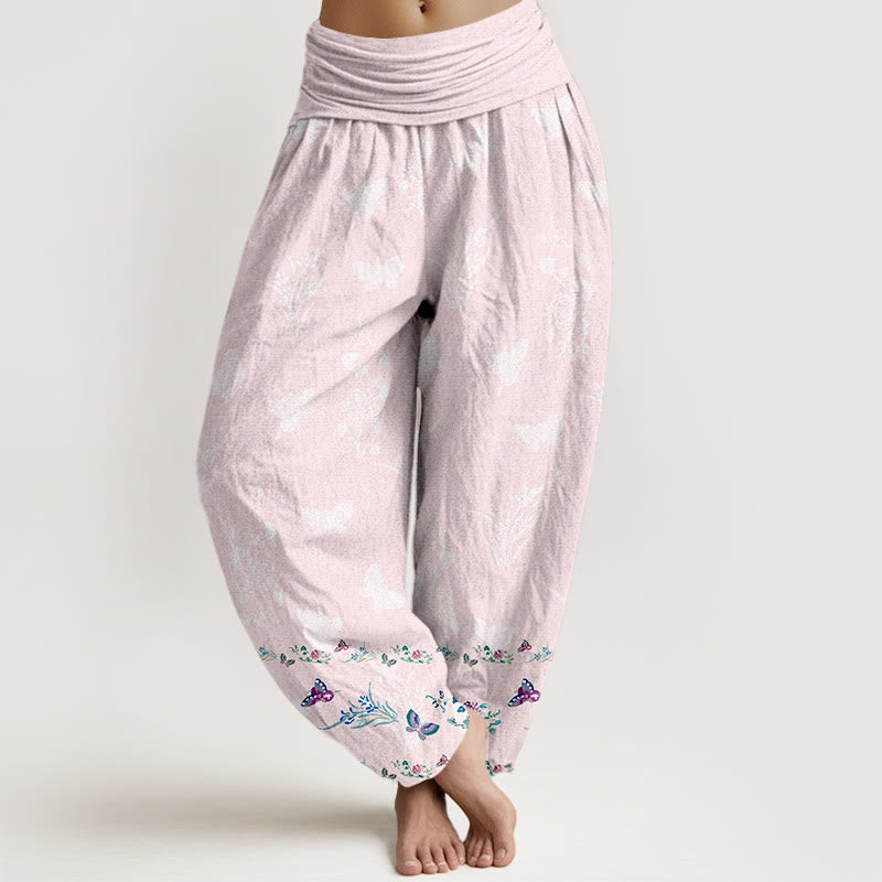 Pantalon harem pour femme, taille élastique, en pur coton, orné de motifs de fleurs et de papillons, avec des Buddha Stones et des jambes soigneusement agencées. - MistyRose - US16，UK/AU20，EU48 (3XL) - image 8