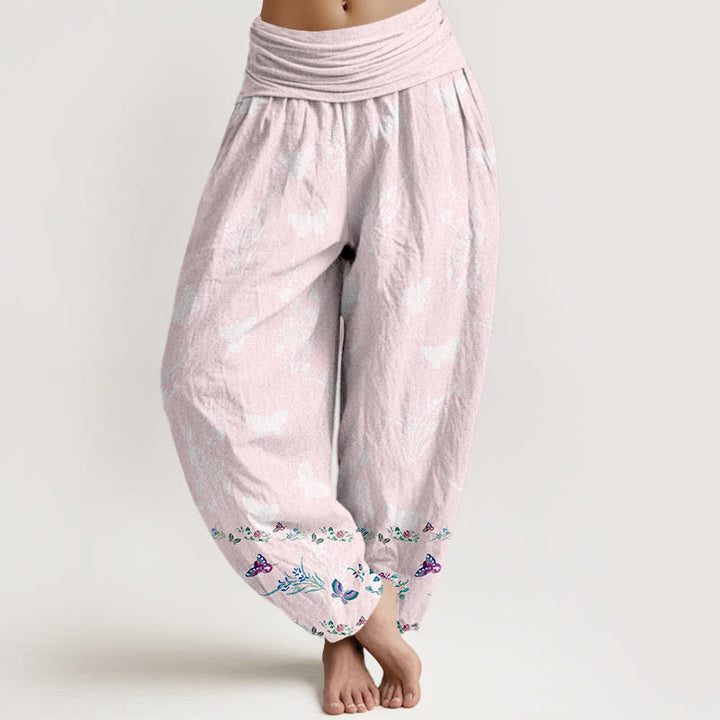 Pantalon harem pour femme, taille élastique, en pur coton, orné de motifs de fleurs et de papillons, avec des Buddha Stones et des jambes soigneusement agencées. - MistyRose - US16，UK/AU20，EU48 (3XL) - image 8