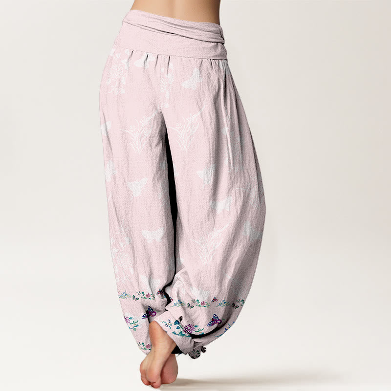 Pantalon harem pour femme, taille élastique, en pur coton, orné de motifs de fleurs et de papillons, avec des Buddha Stones et des jambes soigneusement agencées. - image 9