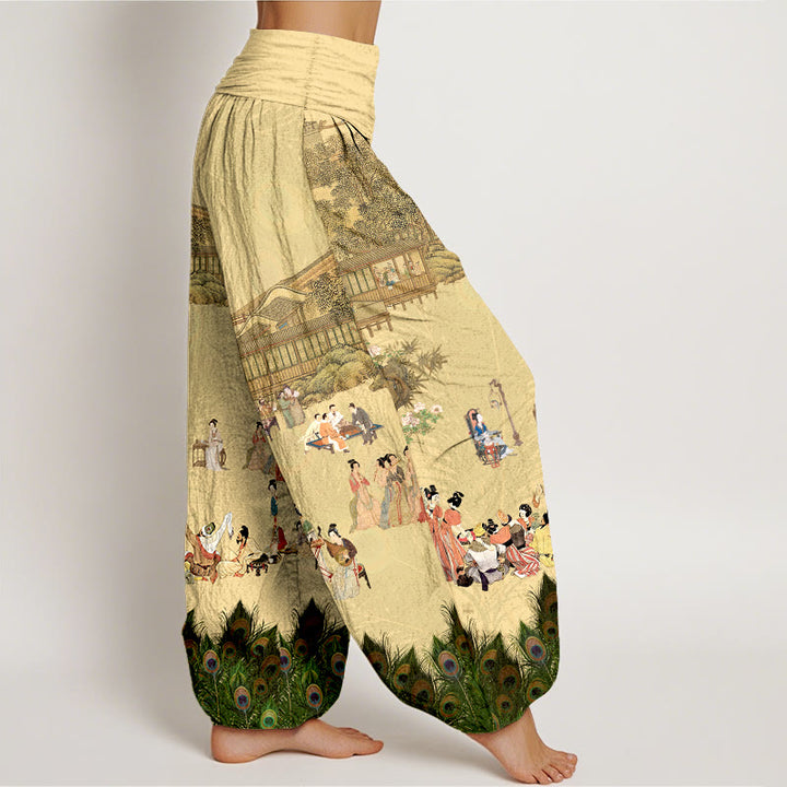 Pantalon harem pour femme, taille élastique, en pur coton aux couleurs douces, orné de motifs de Buddha Stones, de personnages, de bâtiments, de plumes de paon, d'arbres, de fleurs et de rochers. - image 2