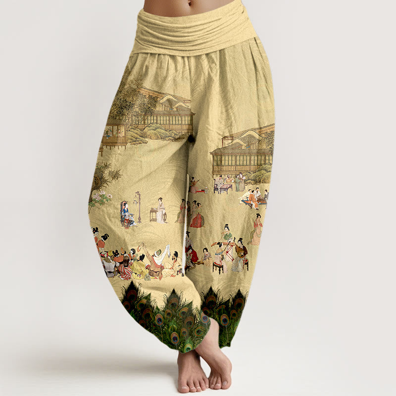 Pantalon harem pour femme, taille élastique, en pur coton aux couleurs douces, orné de motifs de Buddha Stones, de personnages, de bâtiments, de plumes de paon, d'arbres, de fleurs et de rochers. - Kaki - US16，UK/AU20，EU48 (3XL) - image 0