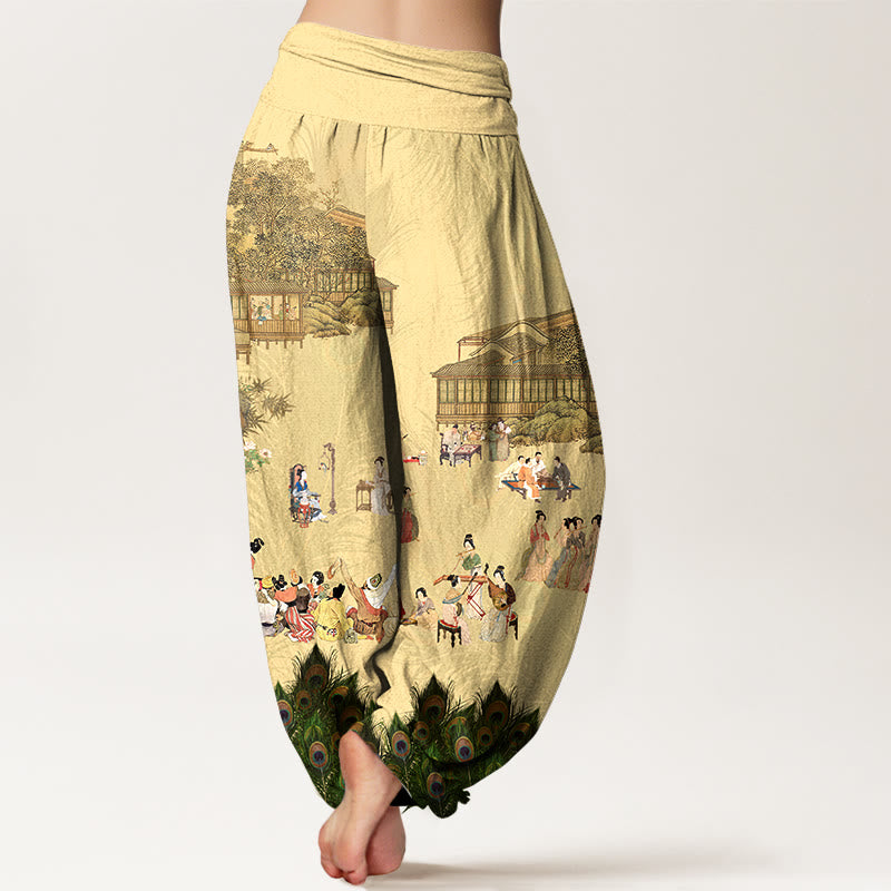 Pantalon harem pour femme, taille élastique, en pur coton aux couleurs douces, orné de motifs de Buddha Stones, de personnages, de bâtiments, de plumes de paon, d'arbres, de fleurs et de rochers. - image 1