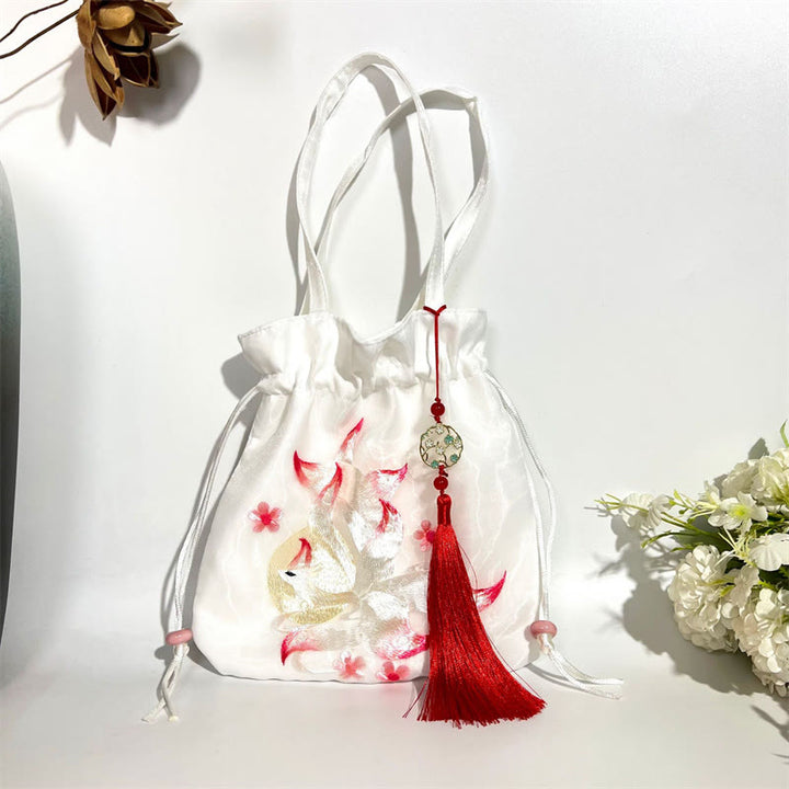 Sac à bandoulière en coton et lin avec broderie de Buddha Stones et de Suzhou, motif de lotus, cerf, épiphyllum, pivoine, lapin - Renard blanc à neuf queues 21*22cm - image 22