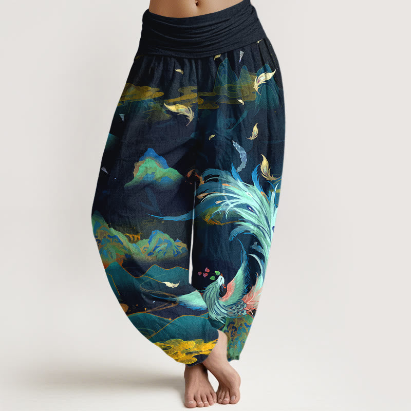 Pantalon harem pour femme en pur coton, motif phénix, montagne et nuages, taille élastique, orné de Buddha Stones - Bleu nuit - US16，UK/AU20，EU48 (3XL) - image 0