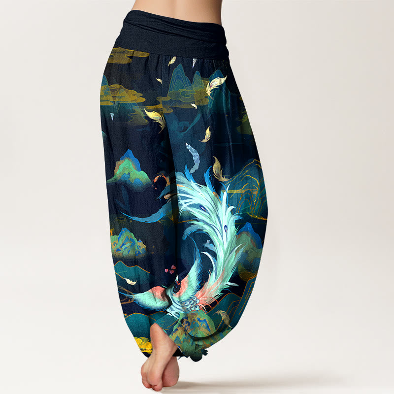 Pantalon harem pour femme en pur coton, motif phénix, montagne et nuages, taille élastique, orné de Buddha Stones - image 1