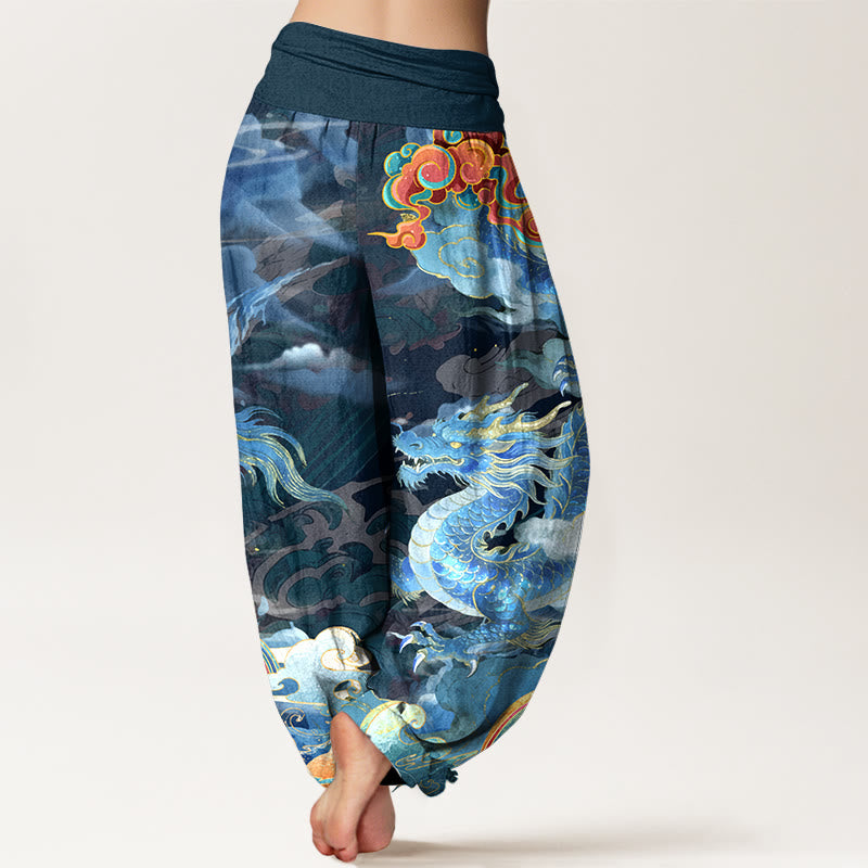 Pantalon harem pour femme, taille élastique, en pur coton, motif magnifique dragon, nuage et arc-en-ciel , Buddha Stones - image 1