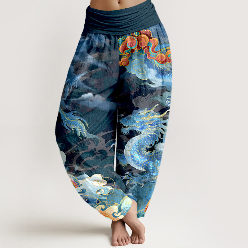 Pantalon harem pour femme, taille élastique, en pur coton, motif magnifique dragon, nuage et arc-en-ciel , Buddha Stones - SteelBlue - US16，UK/AU20，EU48 (3XL) - image 0