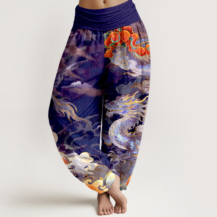 Pantalon harem pour femme, taille élastique, en pur coton, motif magnifique dragon, nuage et arc-en-ciel , Buddha Stones - Indigo - US16，UK/AU20，EU48 (3XL) - image 5