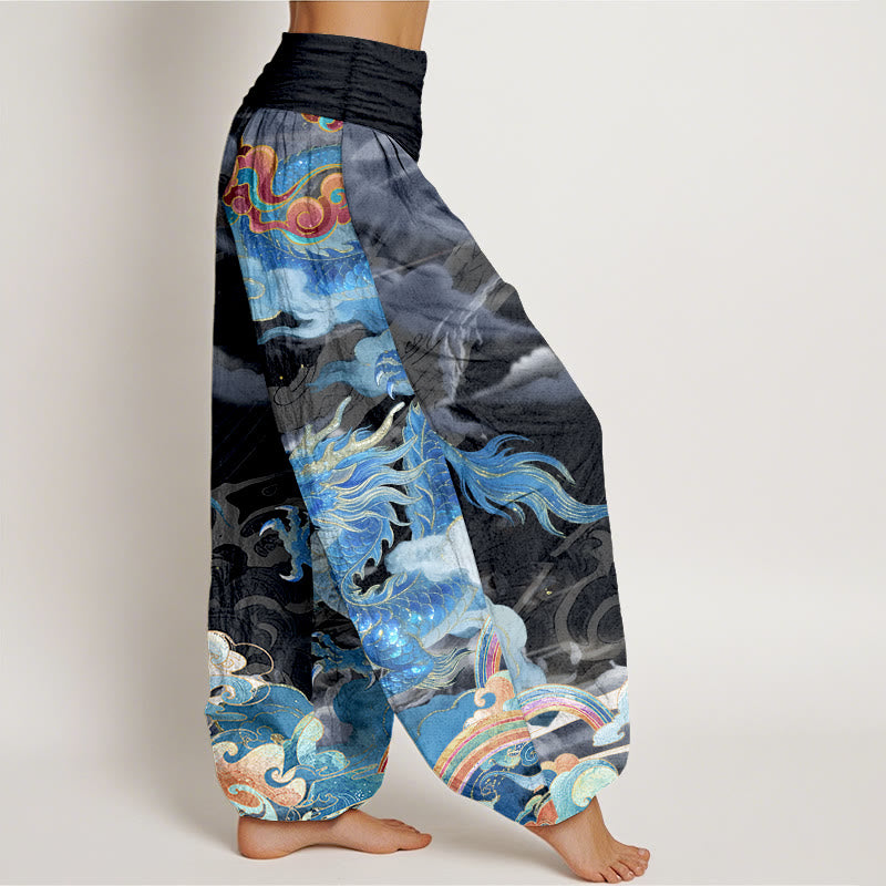 Pantalon harem pour femme, taille élastique, en pur coton, motif magnifique dragon, nuage et arc-en-ciel , Buddha Stones - image 10