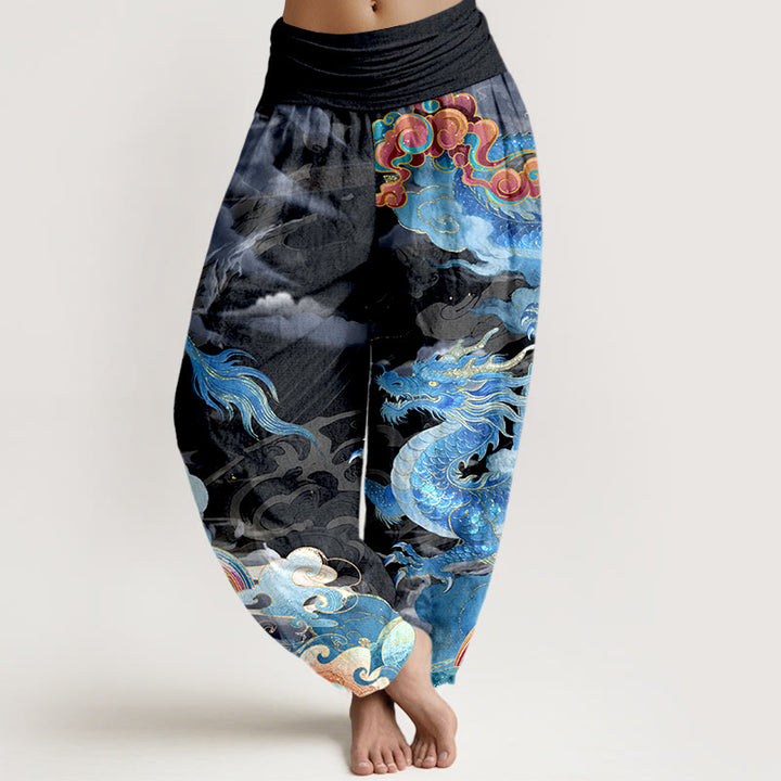 Pantalon harem pour femme, taille élastique, en pur coton, motif magnifique dragon, nuage et arc-en-ciel , Buddha Stones - Noir - US16，UK/AU20，EU48 (3XL) - image 8