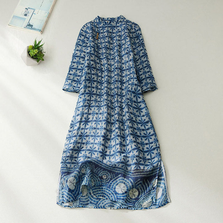 Robe midi droite à rayures florales bleues, coupe circulaire, col montant et poches, ornée de motifs floraux bleus et de Buddha Stones. - Bleuet - US12，UK/AU16，EU44 (3XL) - image 0