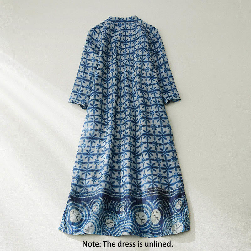 Robe midi d'été à rayures florales bleues, coupe circulaire, col montant, manches courtes et poches, ornée de motifs floraux bleus et de Buddha Stones. - image 1