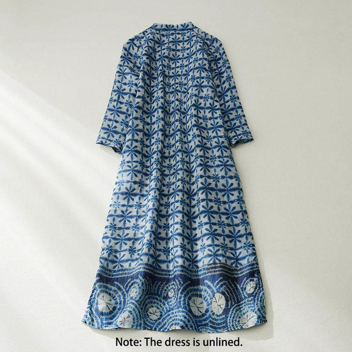 Robe midi d'été à rayures florales bleues, coupe circulaire, col montant, manches courtes et poches, ornée de motifs floraux bleus et de Buddha Stones. - image 1