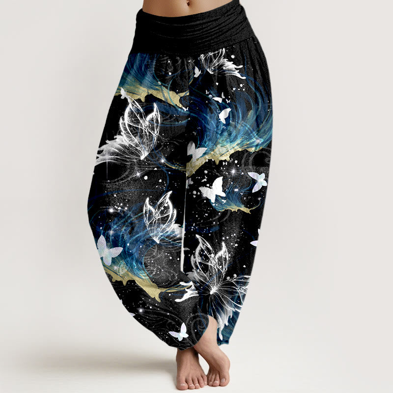 Pantalon harem pour femme en pur coton à motif papillons onirique et Buddha Stones, taille élastique - Noir - US16，UK/AU20，EU48 (3XL) - image 0