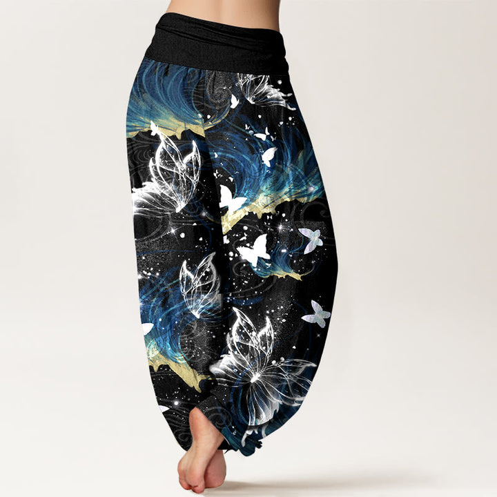 Pantalon harem pour femme en pur coton à motif papillons onirique et Buddha Stones, taille élastique - image 1