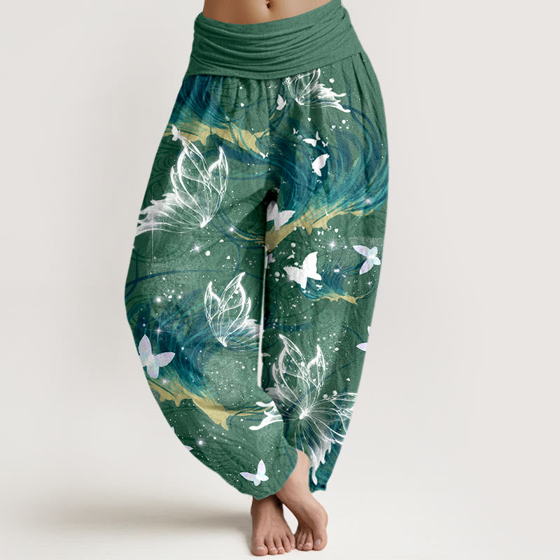 Pantalon harem pour femme en pur coton à motif papillons onirique et Buddha Stones, taille élastique - Vert d'eau - US16，UK/AU20，EU48 (3XL) - image 5