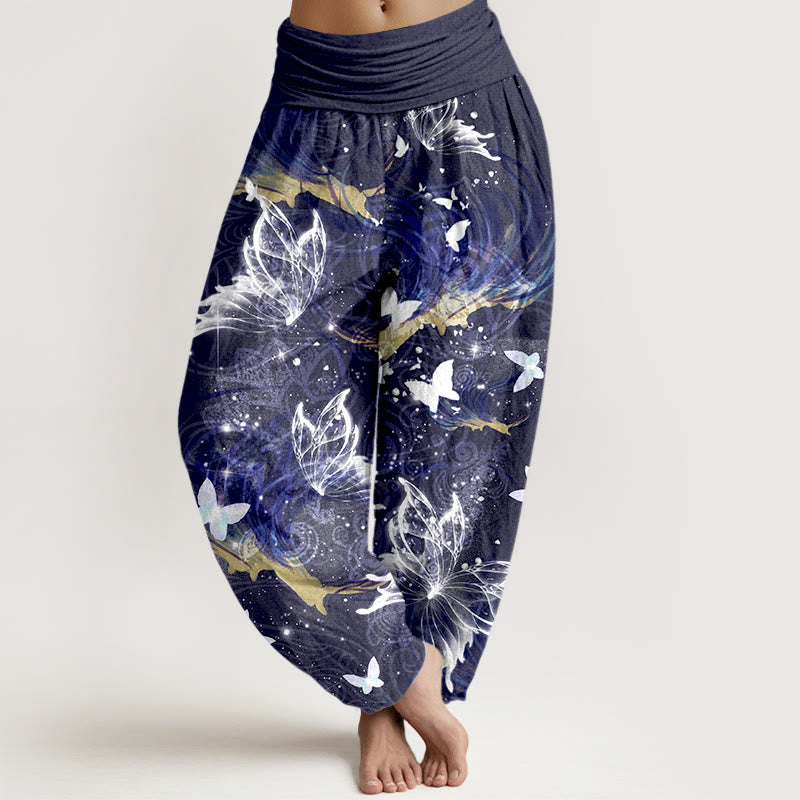 Pantalon harem pour femme en pur coton à motif papillons onirique et Buddha Stones, taille élastique - Indigo - US16，UK/AU20，EU48 (3XL) - image 8