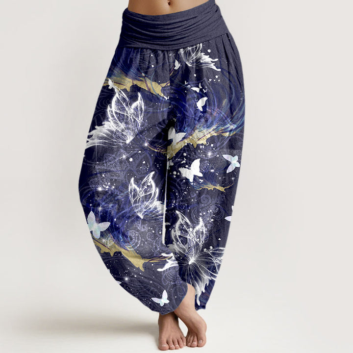 Pantalon harem pour femme en pur coton à motif papillons onirique et Buddha Stones, taille élastique - Indigo - US16，UK/AU20，EU48 (3XL) - image 8