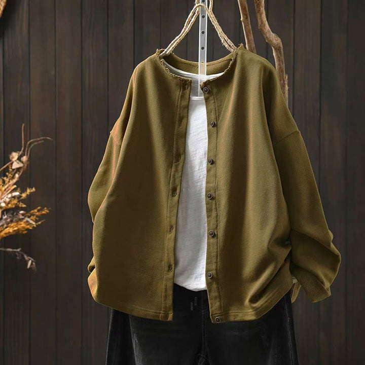 Chemise en coton à manches longues et col rond, motif Buddha Stones - Kaki foncé - US4-8/10，UK/AU8-12/14，EU36-40/42 (F) - image 0