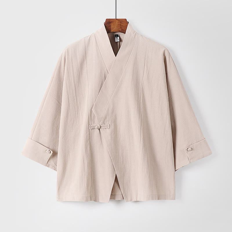 Kimono homme à manches courtes en coton et lin, orné de Buddha Stones et d'un seul bouton chinois. - Beige - US/UK/AU54，EU64 (9XL) - image 11