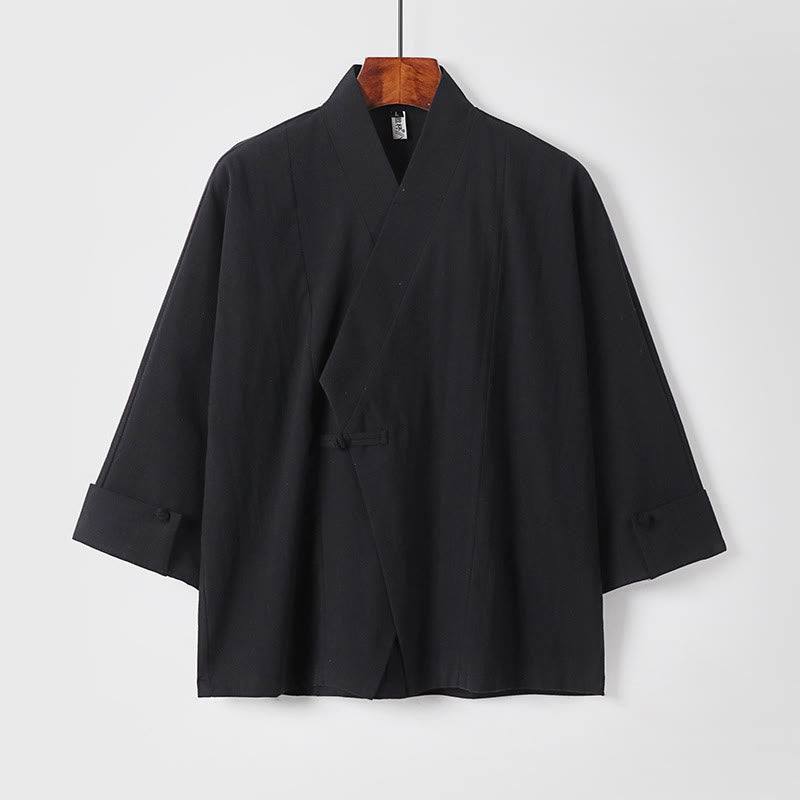 Kimono homme à manches courtes en coton et lin, orné de Buddha Stones et d'un seul bouton chinois. - Noir - US/UK/AU54，EU64 (9XL) - image 10