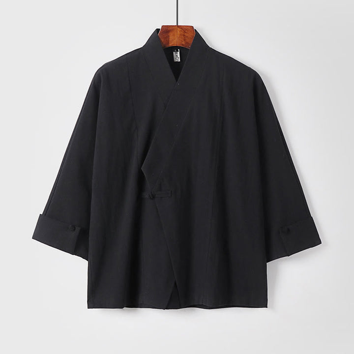 Kimono homme à manches courtes en coton et lin, orné de Buddha Stones et d'un seul bouton chinois. - Noir - US/UK/AU54，EU64 (9XL) - image 10