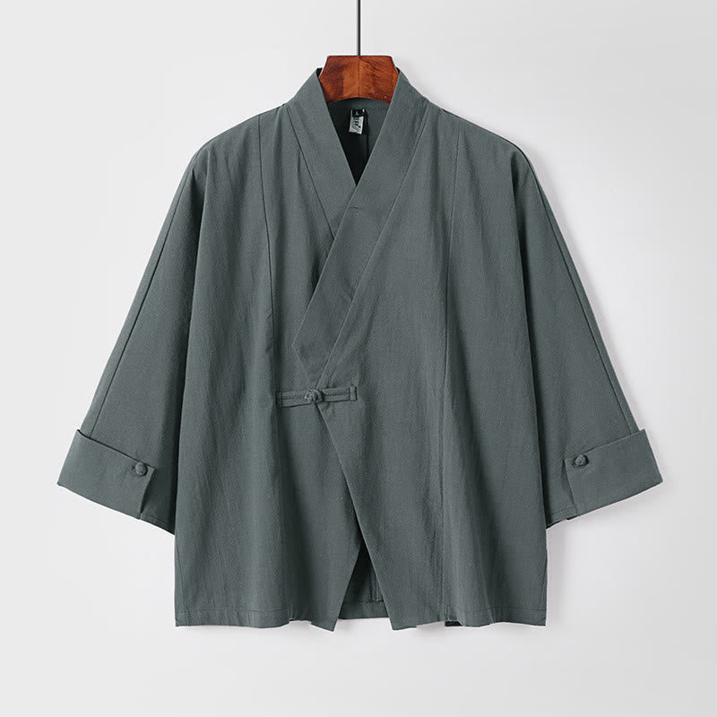 Kimono homme à manches courtes en coton et lin, orné de Buddha Stones et d'un seul bouton chinois. - CadetBlue - US/UK/AU54，EU64 (9XL) - image 1