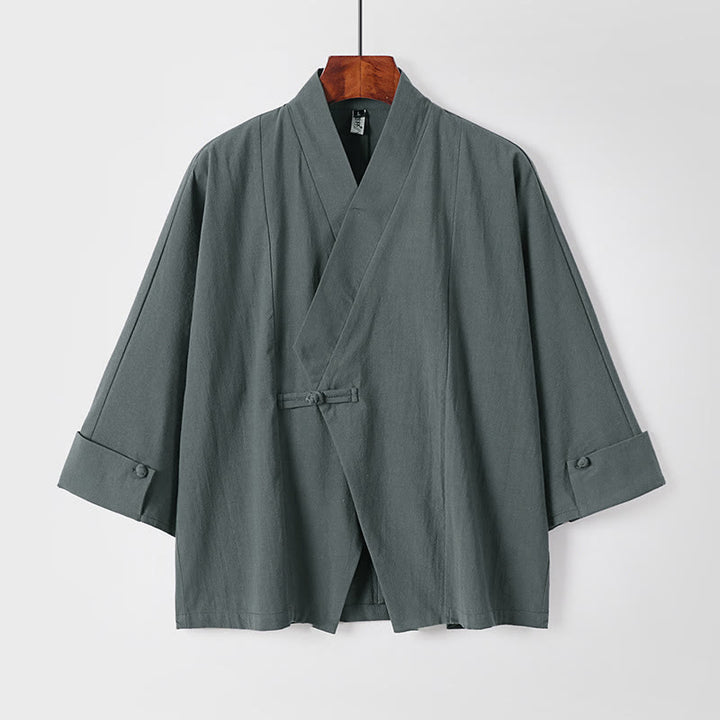 Kimono homme à manches courtes en coton et lin, orné de Buddha Stones et d'un seul bouton chinois. - CadetBlue - US/UK/AU54，EU64 (9XL) - image 1