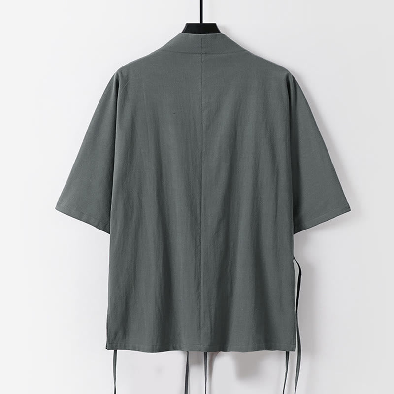 Kimono homme à manches trois-quarts en coton et lin uni à lacets Buddha Stones - image 1