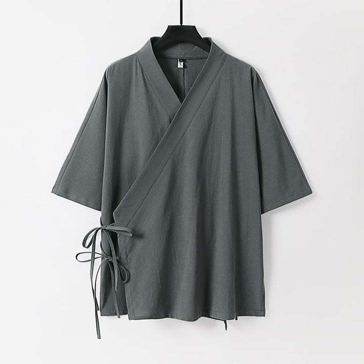 Kimono homme à manches trois-quarts en coton et lin uni à lacets Buddha Stones - Gris - US/UK/AU54，EU64 (9XL) - image 0