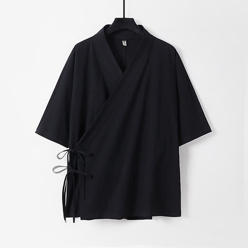 Kimono homme à manches trois-quarts en coton et lin uni à lacets Buddha Stones - Noir - US/UK/AU54，EU64 (9XL) - image 9