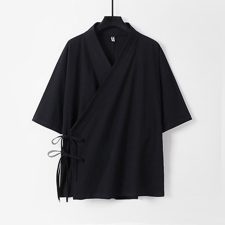 Kimono homme à manches trois-quarts en coton et lin uni à lacets Buddha Stones - Noir - US/UK/AU54，EU64 (9XL) - image 9