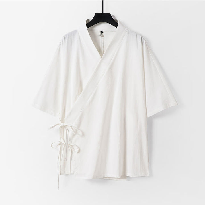 Kimono homme à manches trois-quarts en coton et lin uni à lacets Buddha Stones - Blanc - US/UK/AU54，EU64 (9XL) - image 11