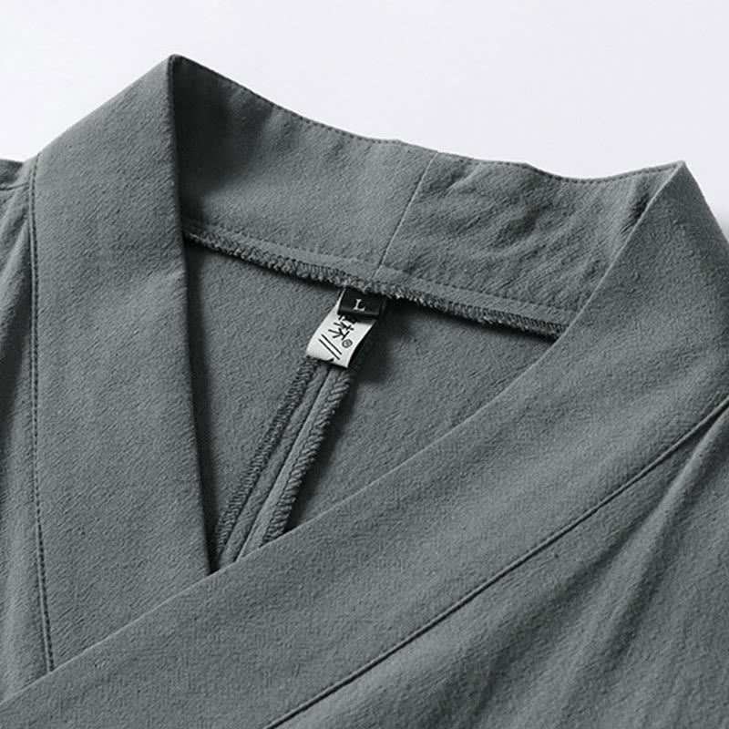 Kimono homme à manches trois-quarts en coton et lin uni à lacets Buddha Stones - image 2