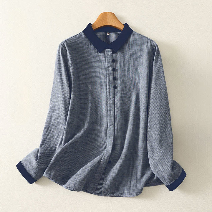 Chemise à manches longues pour femme, rayures bleues, col montant, boutons, motif Buddha Stones, style automne - Bleu acier clair - US8-10，UK/AU12-14，EU40-42 (2XL) - image 0