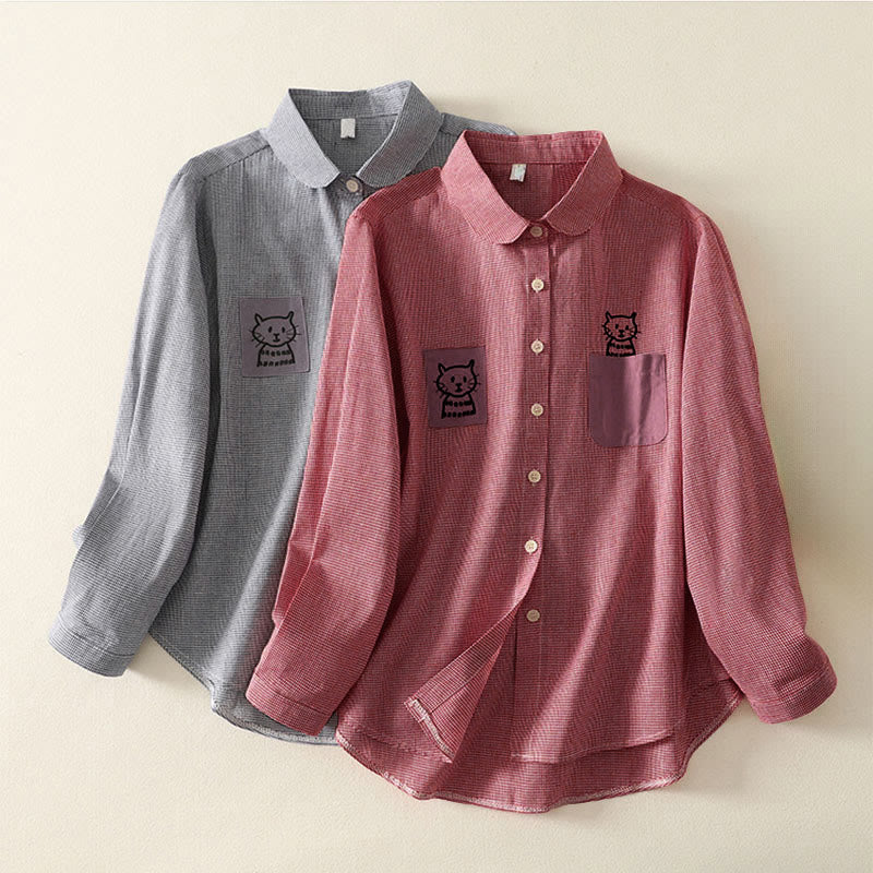 Chemise à manches longues pour femme, motif chat et Buddha Stones, broderie à carreaux, col montant et boutons. - image 16