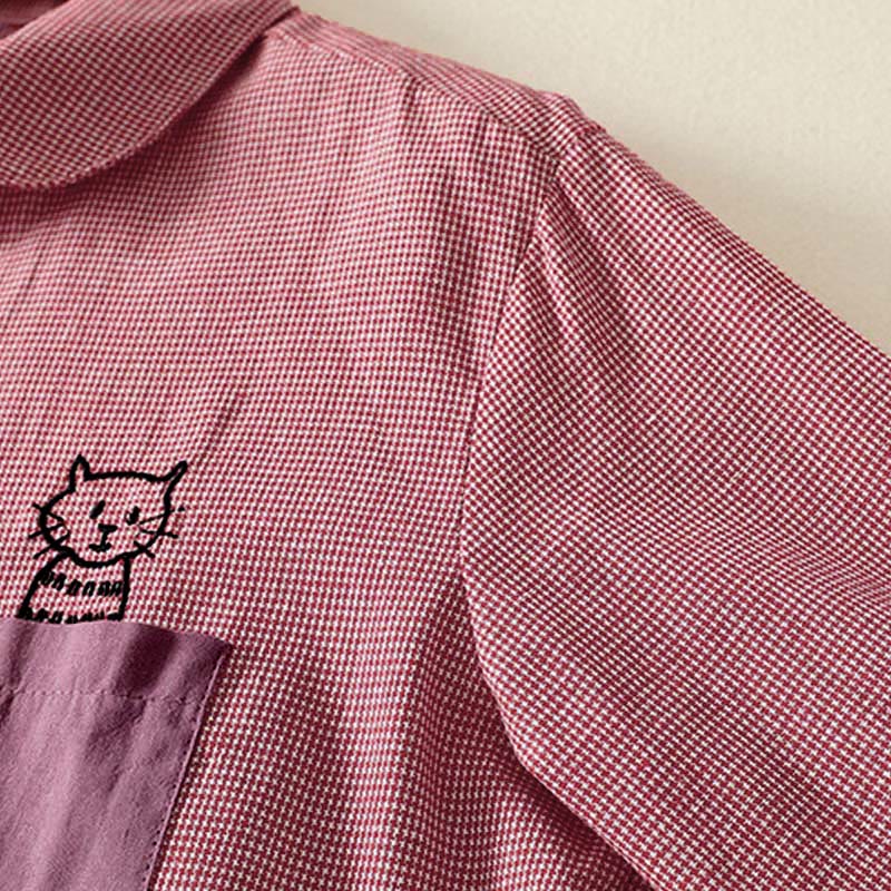 Chemise à manches longues pour femme, motif chat et Buddha Stones, broderie à carreaux, col montant et boutons. - image 8