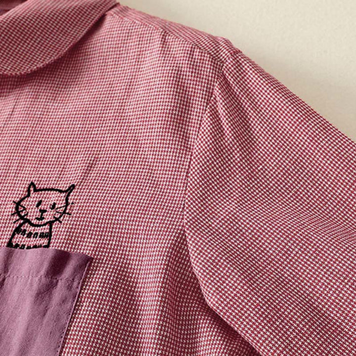 Chemise à manches longues pour femme, motif chat et Buddha Stones, broderie à carreaux, col montant et boutons. - image 8