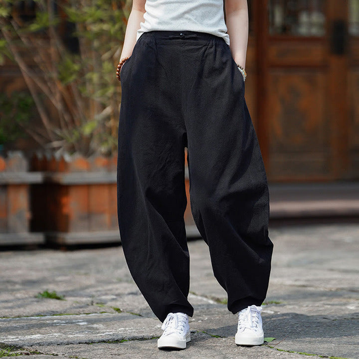 Pantalon d'été uni Buddha Stones pour homme, coupe droite, fermeture à boutons de style chinois, en coton et lin avec poches - Noir - US/UK/AU46，EU56 (5XL) - image 17