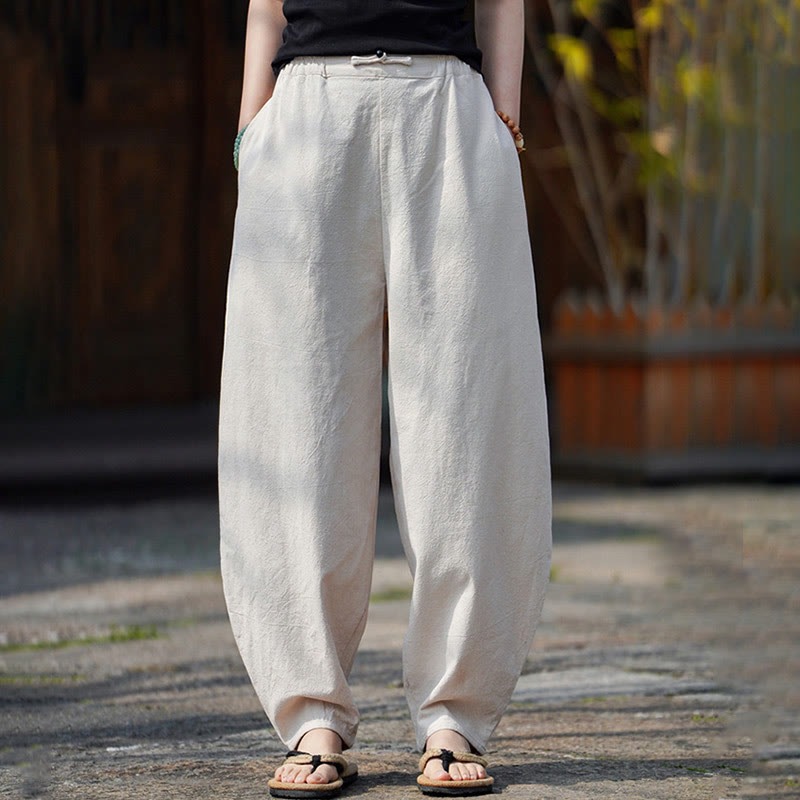 Pantalon d'été uni Buddha Stones pour homme, coupe droite, fermeture à boutons de style chinois, en coton et lin avec poches - image 1