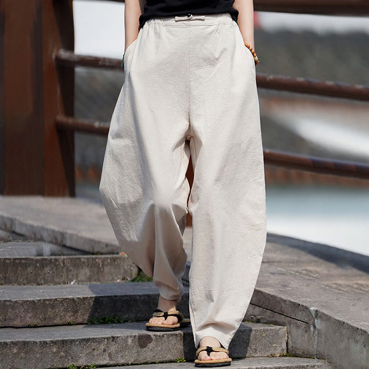 Pantalon d'été uni Buddha Stones pour homme, coupe droite, fermeture à boutons de style chinois, en coton et lin avec poches - image 2